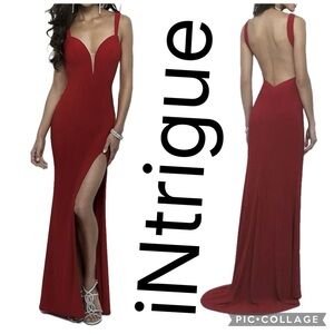 (R1) NWT, iNtrigue, red dress, very long with train,open back 16,thigh-high slit